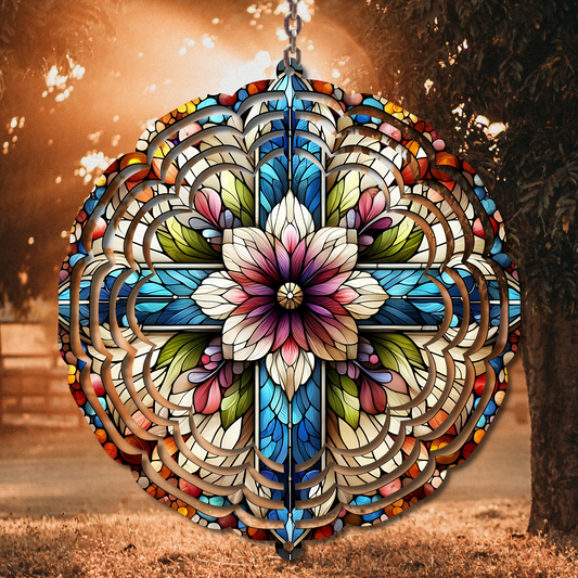Stained Glass Flower Cross Wind Spinner Sublimation Print