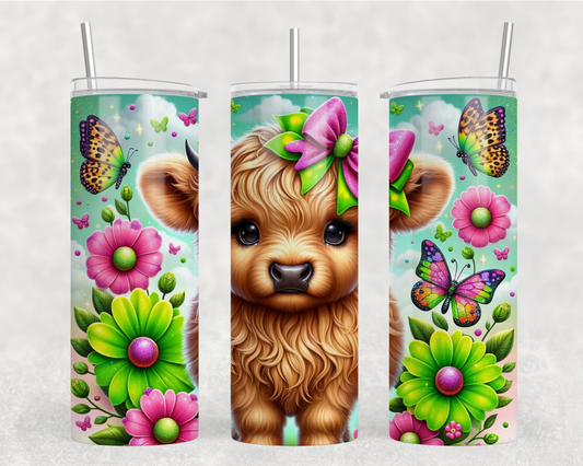 Baby Cow Green & Pink Flowers Sublimation Tumbler Wrap