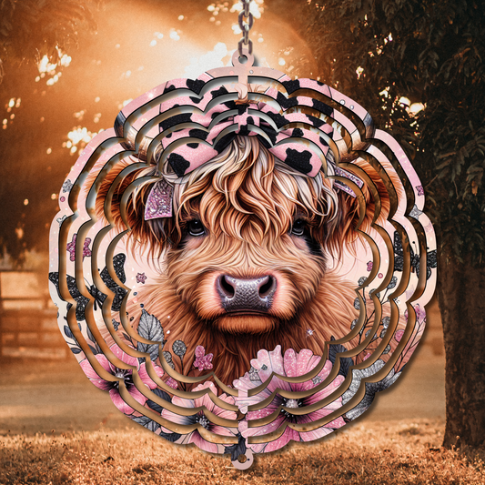 Pink Flowers Highland Cow Wind Spinner