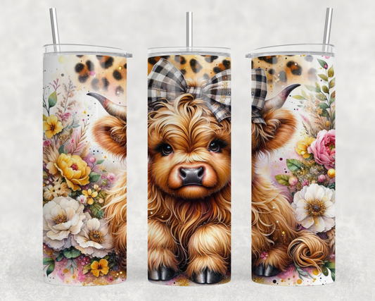 Yellow Flowers Highland Cow Flowers Tumbler Wrap