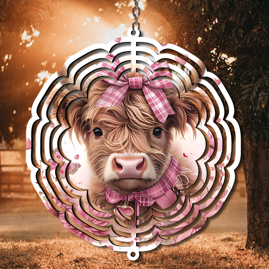Pink Bow Highland Cow Wind Spinner