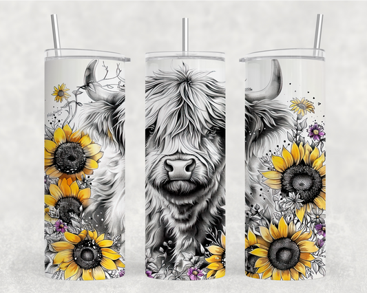 Line Art Highland Cow Sunflowers Tumbler Wrap