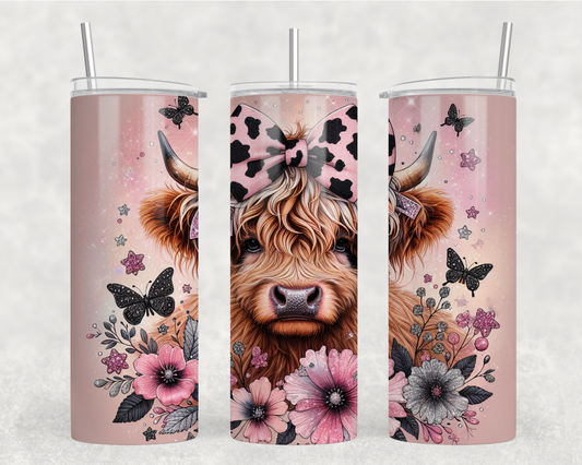 Pink Highland Cow Butterflies & Flowers Tumbler Wrap