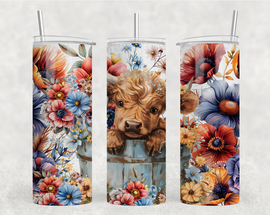 Highland Cow Red Blue Floral Sublimation Tumbler Wrap