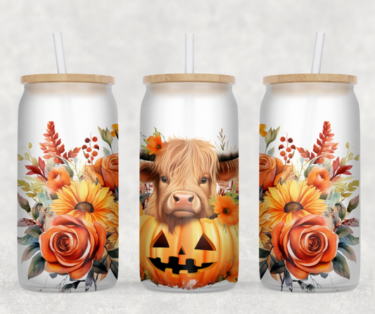 Pumpkin Highland Cow Glass Can Wrap