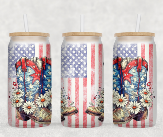 GC - American Flag & Floral Boots Glass Can Wrap