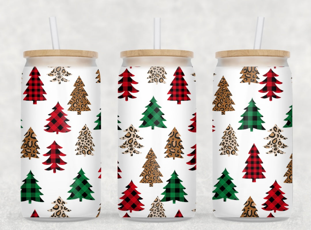 Plaid & Leopard Christmas Trees Glass Can Wrap